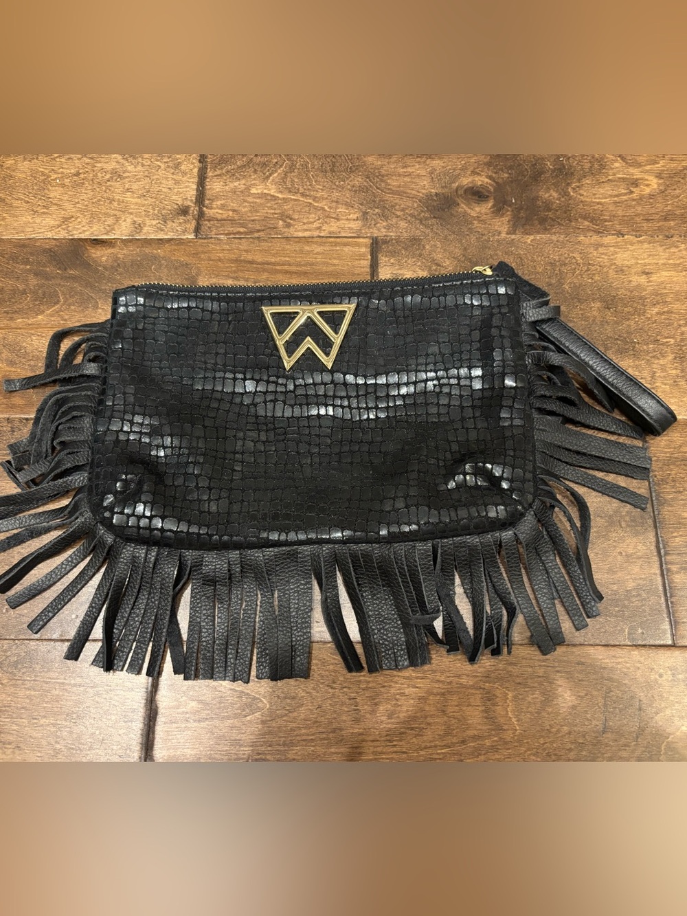 Kelly Wynne Black Fringe Leather Clutch with Gold Logo